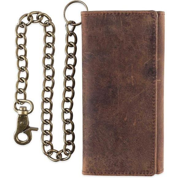 RFID Blocking Men's Tri-Fold Chain Wallet - Crazy Horse Leather With Steel Chain (Skull Brown, Large) - View #8